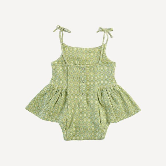 NWT Kate Quinn Green Olive Mosaic Spaghetti Tie Ballerina Bubble Romper - Picture 3 of 3